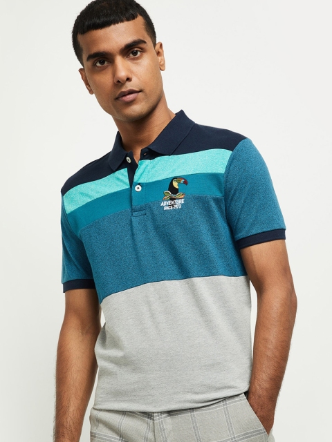 max Men Blue & Grey Colourblocked Polo Collar T-shirt