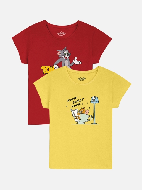 

Kids Ville Girls Pack Of 2 Tom Jerry Printed Round Neck Pure Cotton T-shirts, Yellow