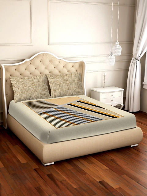 

BELLA CASA Beige & Grey Geometric 300 TC Cotton 1 King Bedsheet with 2 Pillow Covers