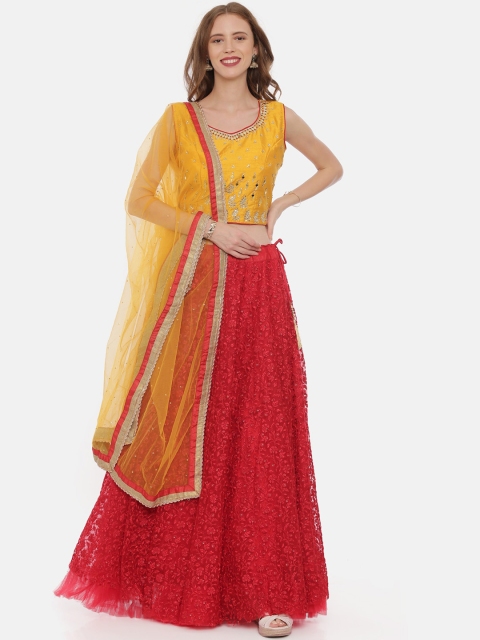 Neerus Yellow & Red Embellished Semi-Stitched Lehenga & Ready to Wear Blouse with Dupatta