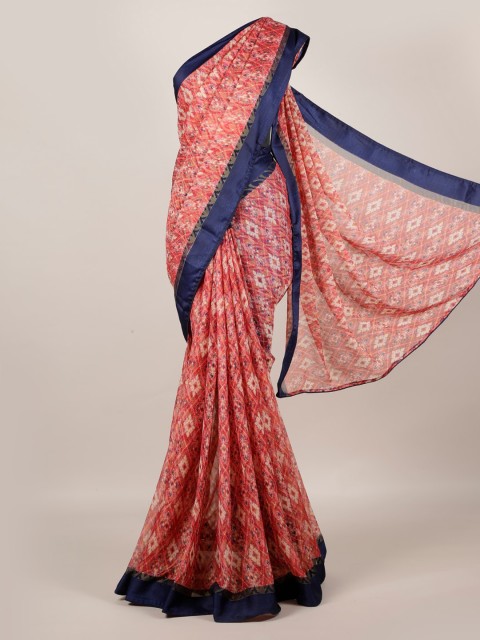

Pothys Coral Pink & Blue Poly Georgette Printed Saree