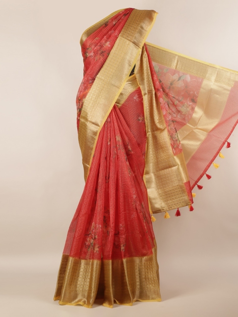 

Pothys Red & Gold-Toned Tissue Checked Saree
