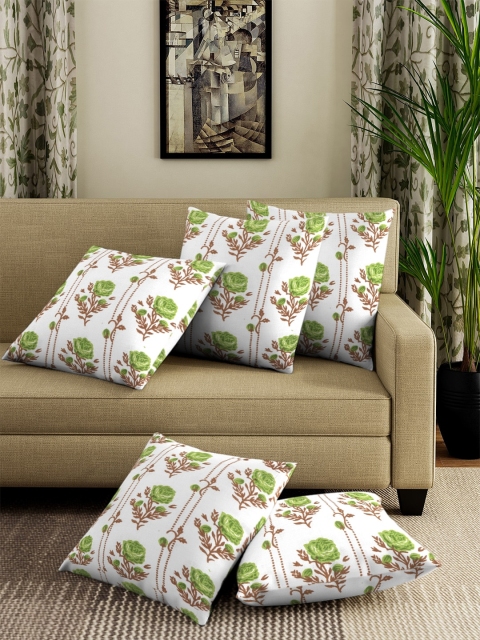 

NEUDIS White & Green Set of 5 Floral Square Cushion Covers