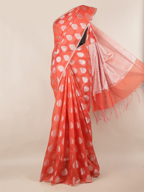 

Pothys Orange & Silver-Coloured Cotton Blend Woven Design Saree