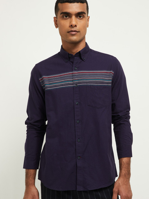 

max Men Navy Blue Slim Fit Striped Casual Shirt