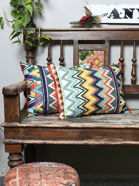 

AMOROSA Blue & Red Set of 2 Geometric Rectangle Cushion Covers