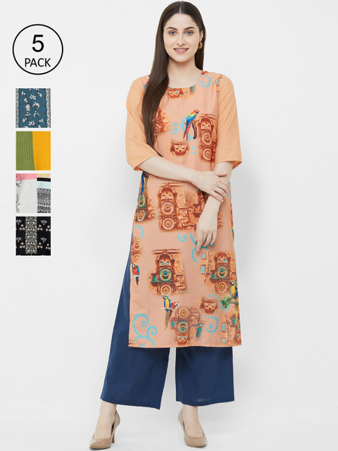 

7Threads Pack Of 5 Printed Crepe Round Neck Regular Sleeves Kurtas, Black