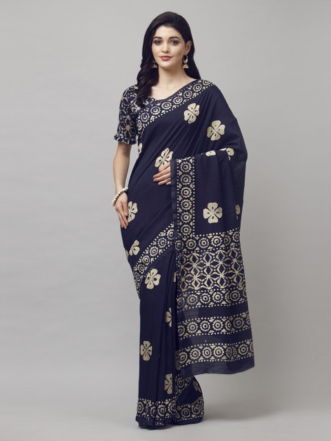 

Satrani Navy Blue Printed Polycotton Saree