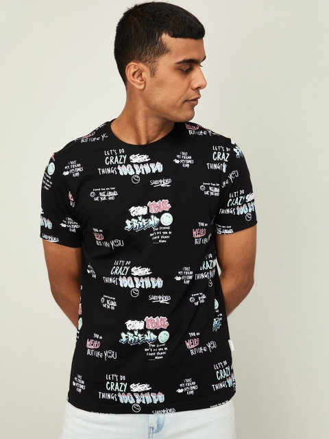 

Smiley World Men Black & White Printed Round Neck Slim Fit T-shirt