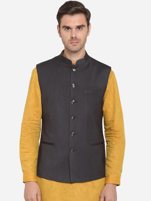

Greenfibre Men Grey Solid Terry Rayon Nehru Jacket