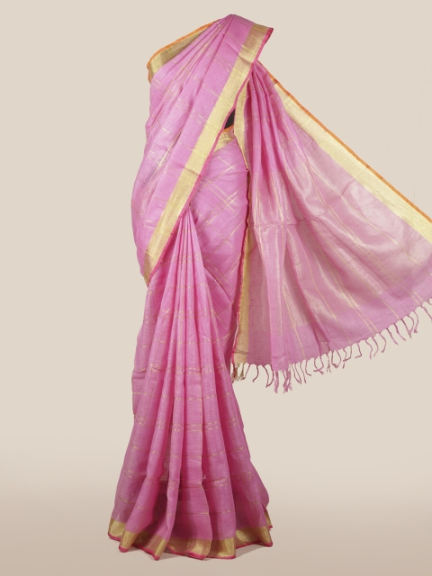

Pothys Pink & Gold-Toned Linen Blend Checked Saree