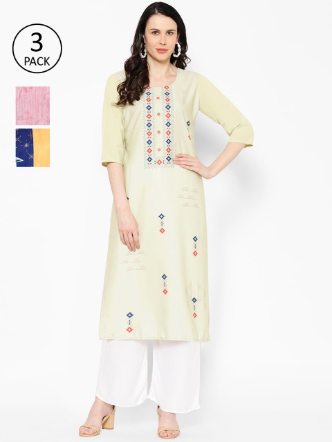 

7Threads Multicoloured Pack of 3 Floral Embroidered Crepe Kurta, Multi