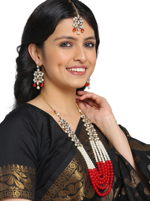 

Shining Diva Red & White Kundan Studded & Beaded Antique Multi-Stranded Jewellery Set