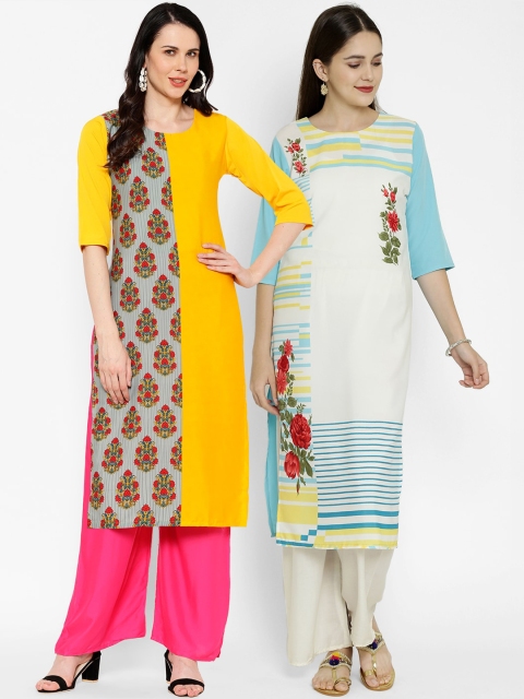 

7Threads Multicoloured Printed Thread Work Crepe Kurta, Multi