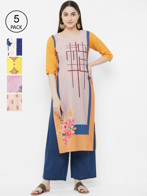 

7Threads Pack Of 5 Printed Crepe Round Neck Regular Sleeves Kurtas, Pink