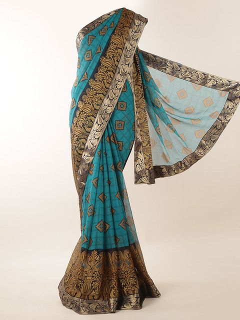 

Pothys Teal Printed Linen Blend Saree