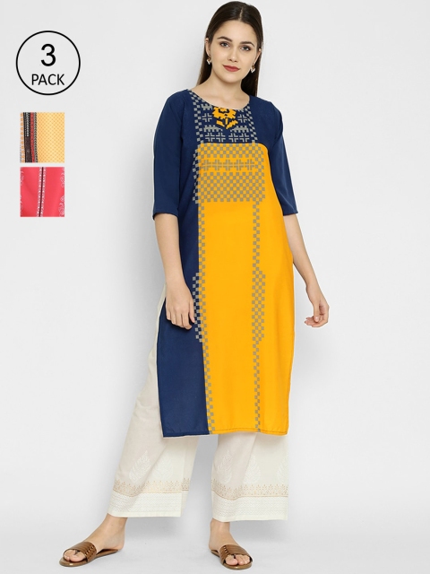 

7Threads Women Multicoloured Printed Crepe Kurta Set of 3, Multi