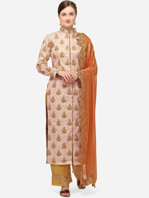 

NAKKASHI Peach-Coloured & Orange Raw Silk Semi-Stitched Dress Material