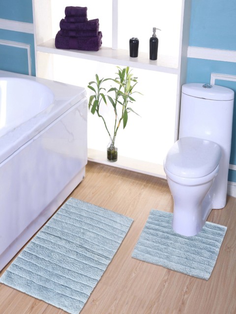 

AVI Living Set Of 2 Blue Striped 1500 GSM Bath Mat & Toilet Mat