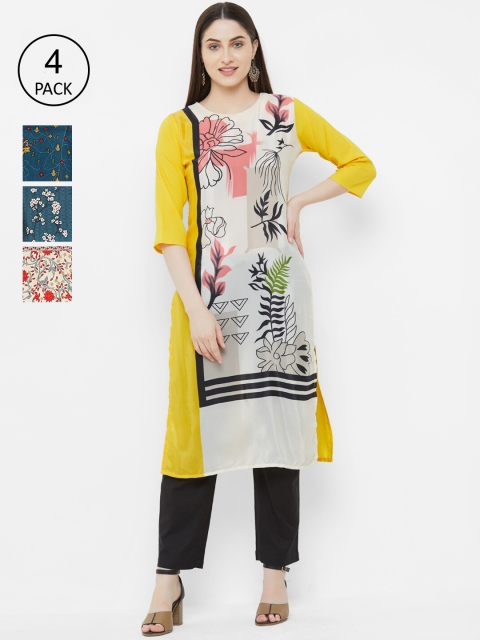 

7Threads Pack of 4 Printed Crepe Straight Kurtas, Blue