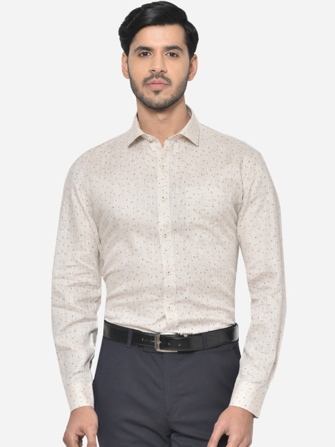 

JADE BLUE Men Off-White & Brown Regular Fit Printed Linen Formal Shirt