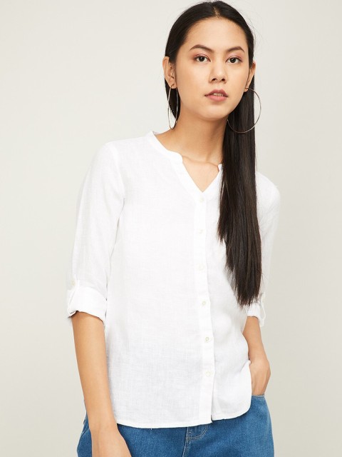 

Bossini White Mandarin Collar Roll-Up Sleeves Shirt Style Top
