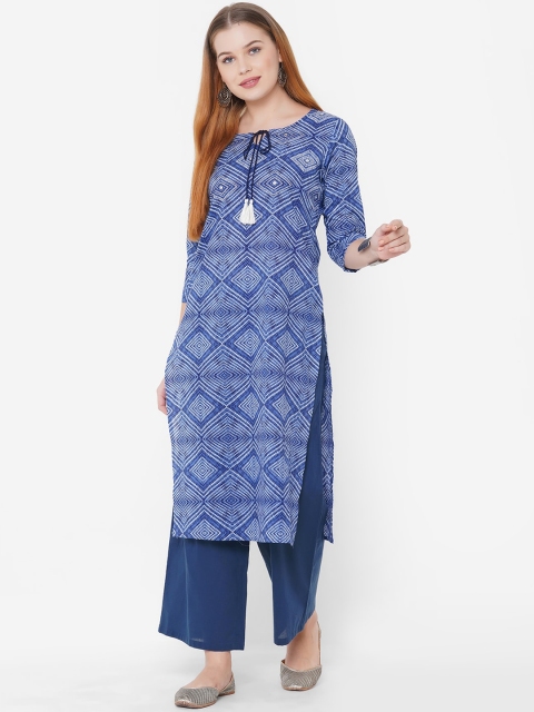

TANKHI Women Blue Geometric Printed Keyhole Neck Kurta