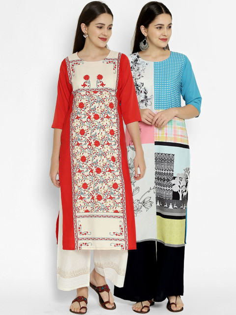 

7Threads Women Pack of 2 Multicoloured Ethnic Motifs Digital Printed Kurtas, Multi