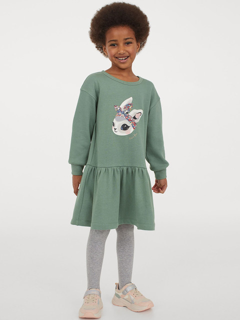 

H&M Girls Green Printed Sweatshirt dress