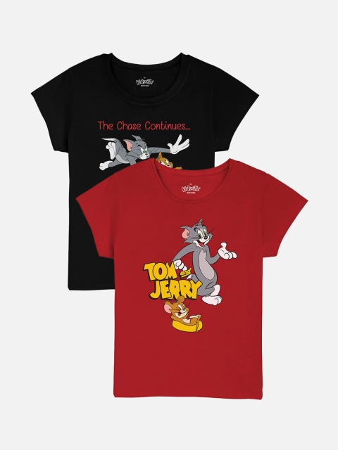 

Kids Ville Girls Pack Of 2 Tom Jerry Printed Round Neck Pure Cotton T-shirts, Red