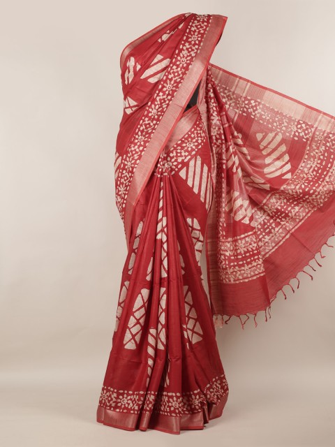 

Pothys Red & Off-White Linen Blend Printed Saree