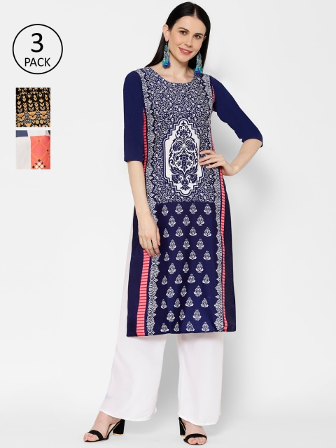 

7Threads Pack Of 3 Ethnic Motifs Printed Crepe Kurta, Multi
