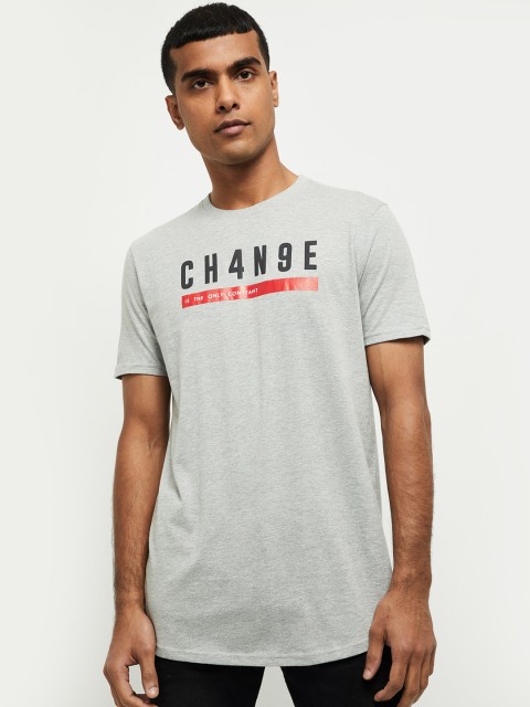

max Men Grey Melange & Red Printed Slim Fit Round Neck T-shirt