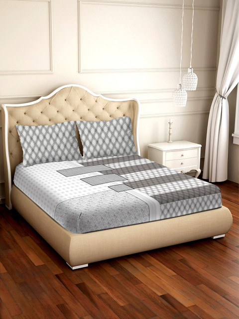 

BELLA CASA Grey & White Geometric 300 TC Cotton 1 King Bedsheet with 2 Pillow Covers