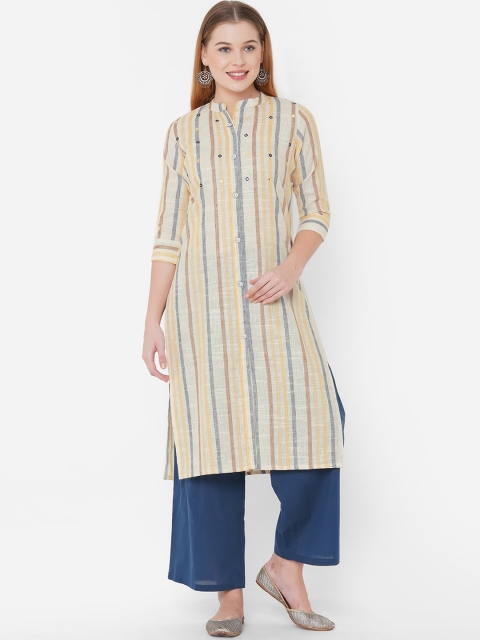 

TANKHI Cream-Coloured & Yellow Mirror Work Band Collar Kurta