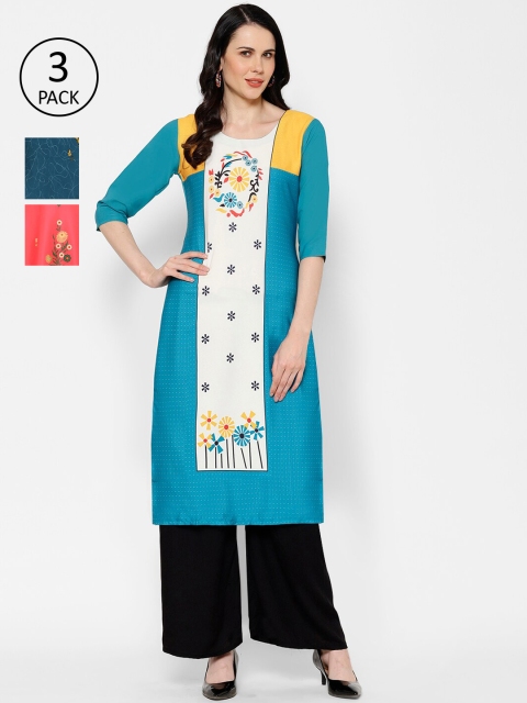 

7Threads Multicoloured Pack of 3 Ethnic Motifs Embroidered Crepe Kurta, Multi
