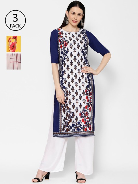 

7Threads Pack Of 3 Printed Crepe Round Neck Regular Sleeves Kurtas, White