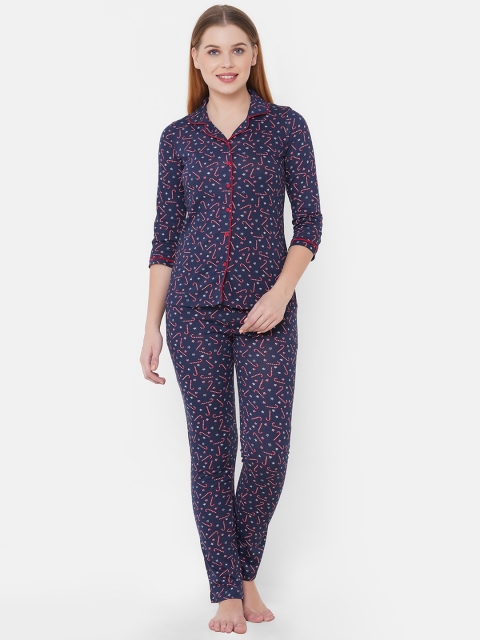 

Sweet Dreams Women Navy Blue & Red Printed Night Suit