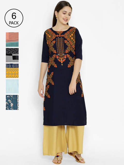 

7Threads Pack of 6 Printed Crepe Straight Kurtas, Navy blue