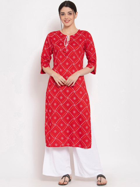 

ALC Creations Red & White Bandhani Printed Keyhole Neck Kurta