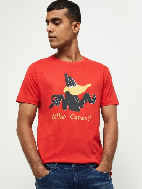 max Men Red Yellow Printed Slim Fit Round Neck Cotton Pure Cotton T-shirt