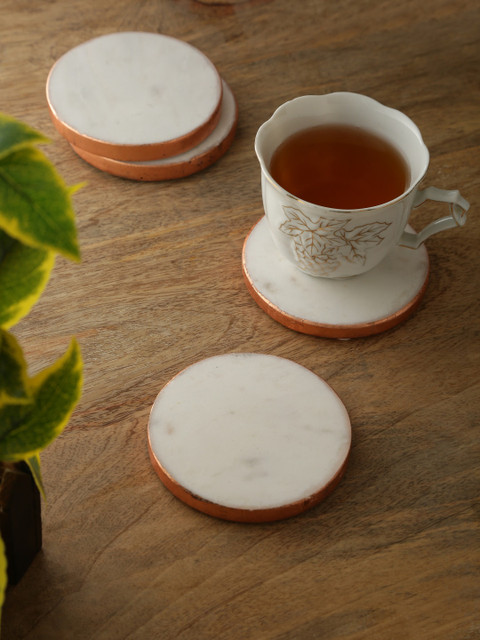 

Amoliconcepts Set Of 4 Rose Gold-Toned & White Foiling Rim Round Marble Coasters