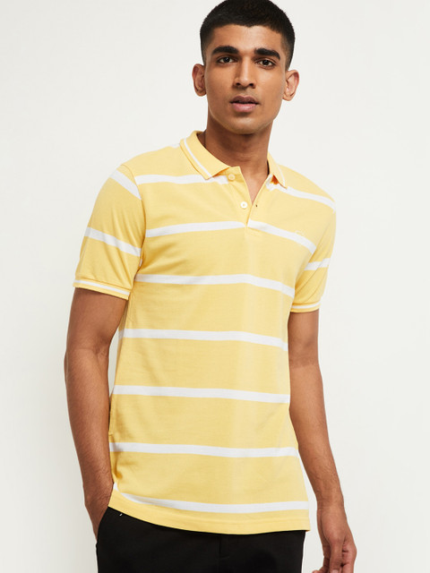 

max Men Yellow & White Striped Polo Collar T-shirt