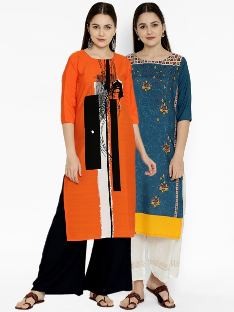 

7Threads Women Pack Of 2 Multicoloured Geometric Printed Crepe Kurtas, Multi