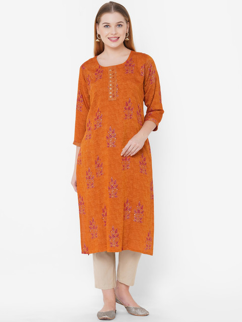

TANKHI Women Orange Floral Printed Kurta