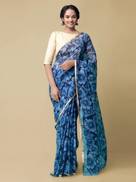 

Unnati Silks Blue Pure Chiffon Floral Printed Patola Saree With Zari Border