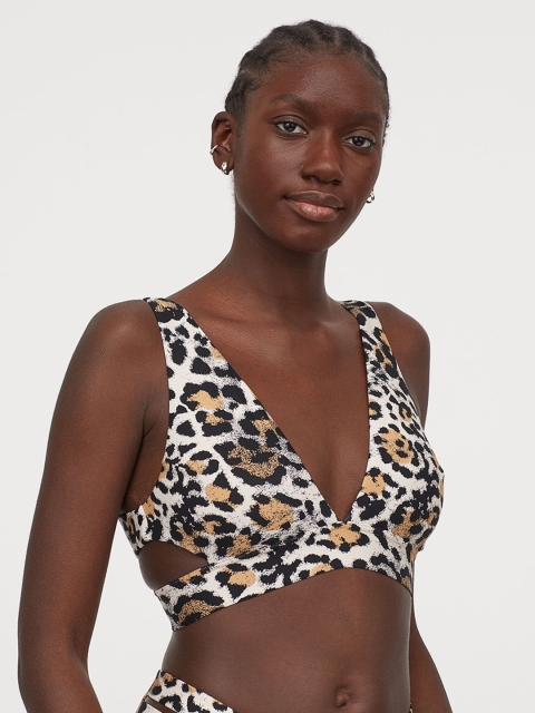 

H&M White & Beige Printed Padded Triangle Bikini Top 0919637001