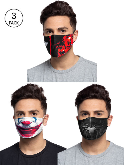 

TREEMODA Men Pack Of 3 Printed 3-Ply Reusable Cloth Masks, Black