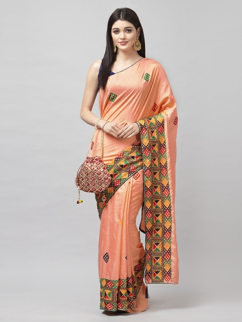 

Satrani Peach-Coloured Poly Silk Embroidered Banarasi Saree