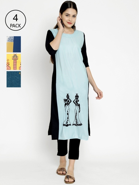 

7Threads Multicoloured Pack of 4 Quirky Colourblocked Crepe Kurta, Multi